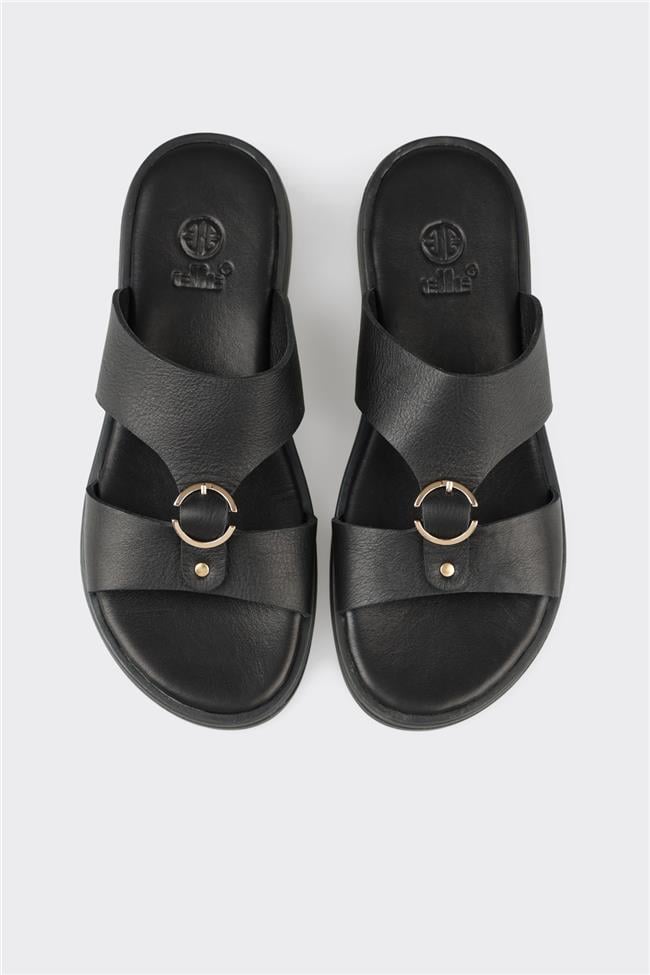 Siyah Deri Kadın Düz Terlik