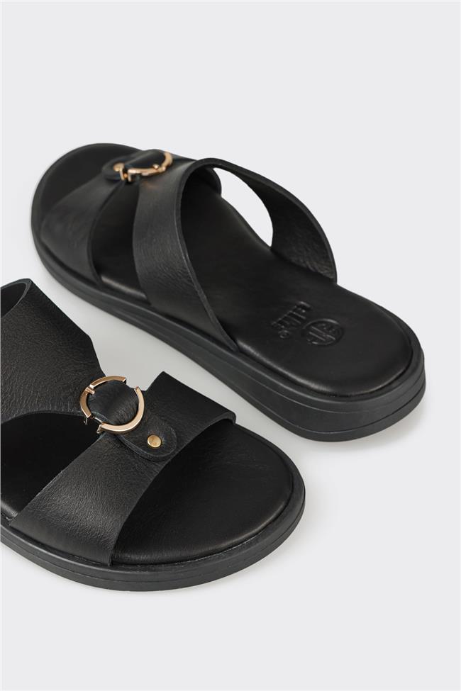 Siyah Deri Kadın Düz Terlik