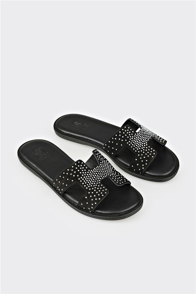 Siyah Deri Kadın Düz Terlik