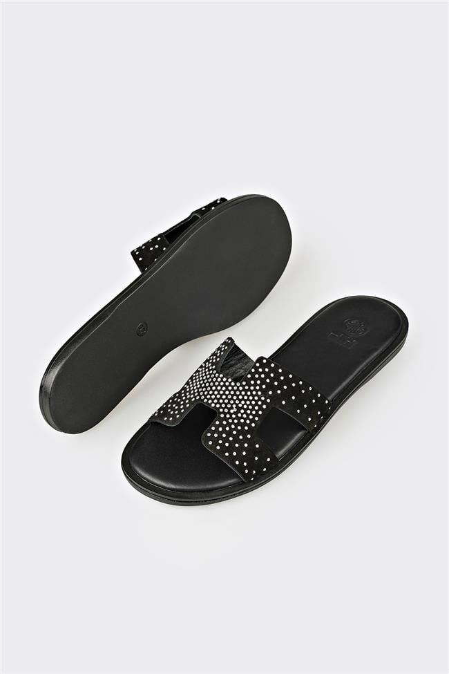 Siyah Deri Kadın Düz Terlik