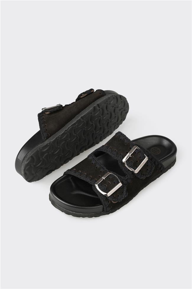 Siyah Deri Kadın Düz Terlik