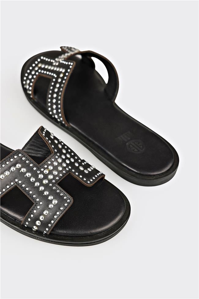 Siyah Deri Kadın Düz Terlik