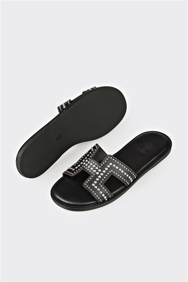 Siyah Deri Kadın Düz Terlik