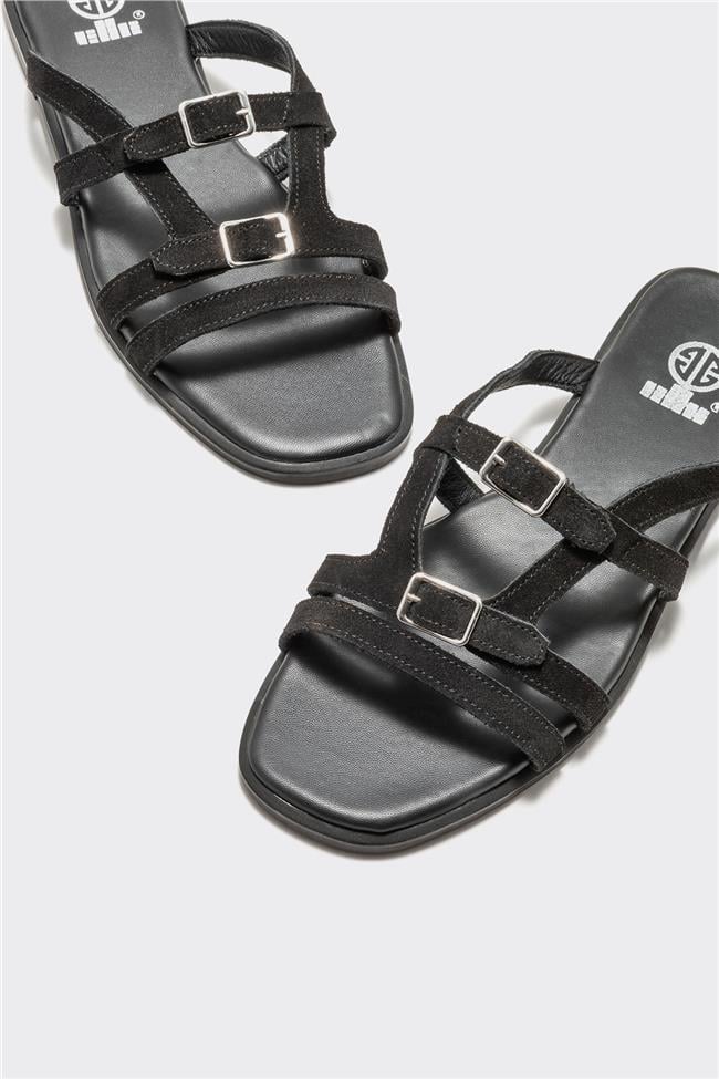 Siyah Deri Kadın Düz Terlik