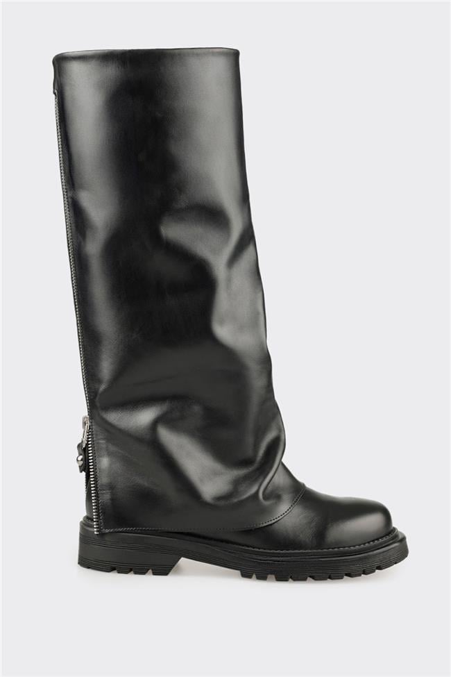 Siyah Deri Kadın Günlük Çizme