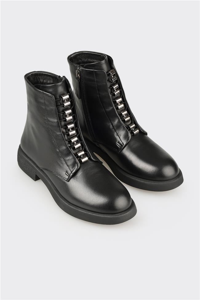 Siyah Deri Kadın Günlük Düz Bot
