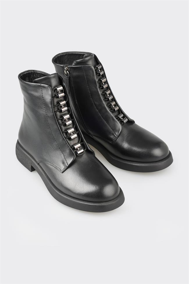 Siyah Deri Kadın Günlük Düz Bot