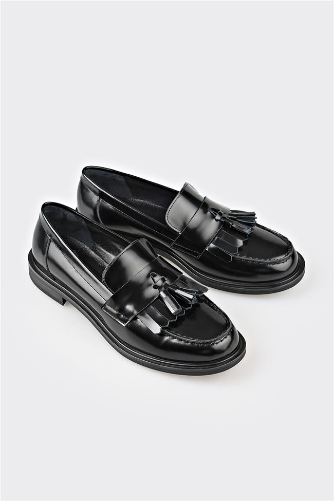 Siyah Deri Kadın Günlük Loafer