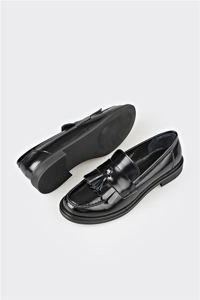 Siyah Deri Kadın Günlük Loafer