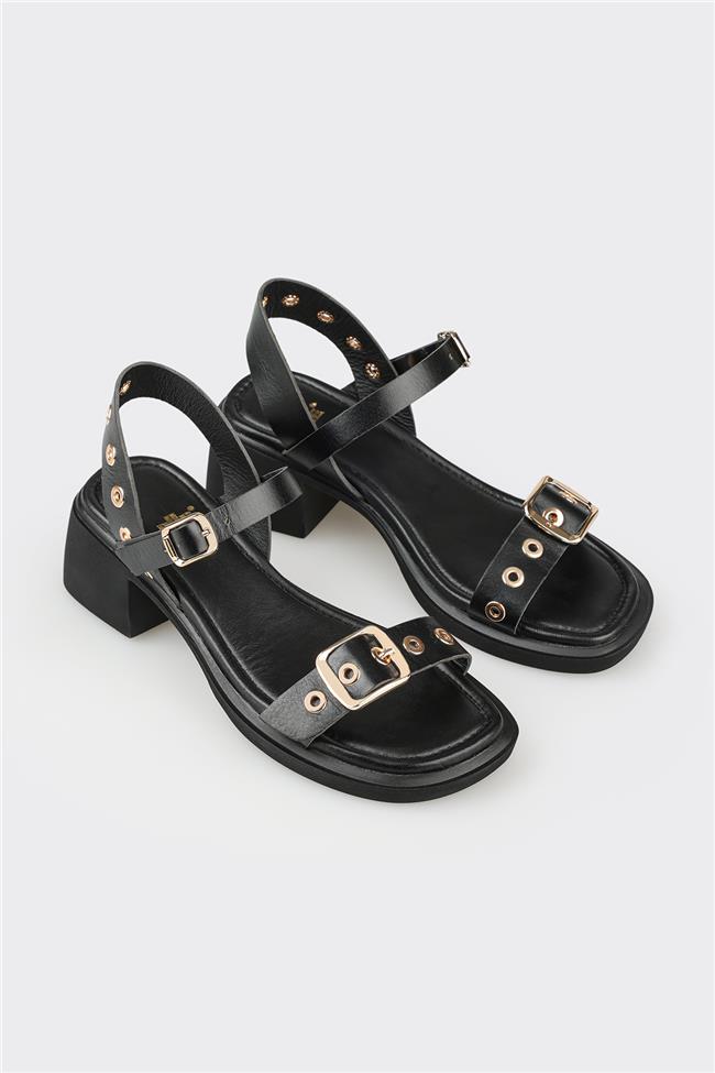 Siyah Deri Kadın Günlük Sandalet