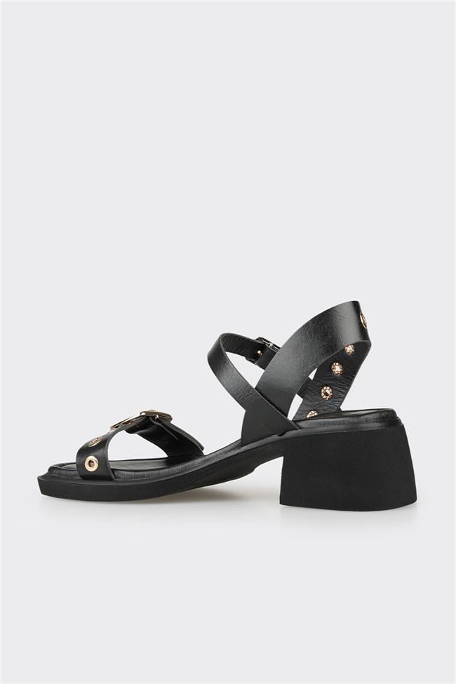 Siyah Deri Kadın Günlük Sandalet