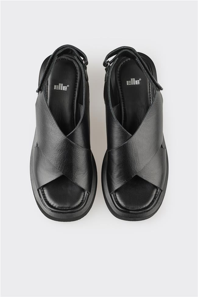 Siyah Deri Kadın Günlük Sandalet