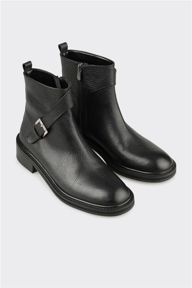 Siyah Deri Kadın Klasik Bot