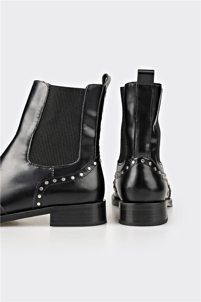 Siyah Deri Kadın Klasik Bot