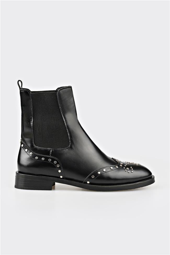 Siyah Deri Kadın Klasik Bot