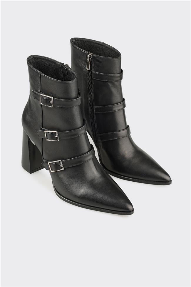 Siyah Deri Kadın Klasik Bot