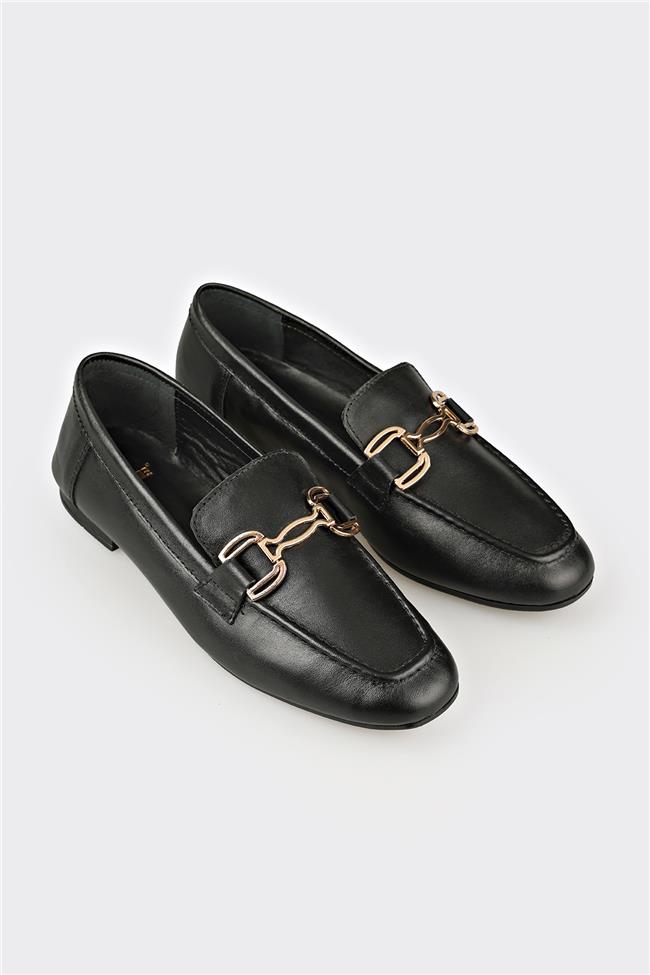 Siyah Deri Kadın Loafer