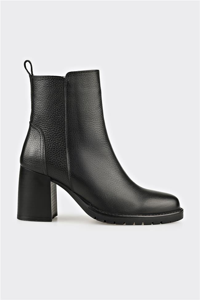 Siyah Deri Kadın Orta Topuk Bot