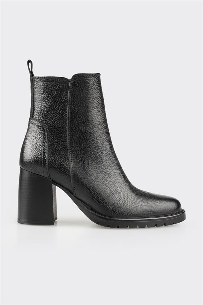 Siyah Deri Kadın Orta Topuk Bot