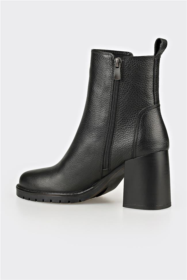 Siyah Deri Kadın Orta Topuk Bot