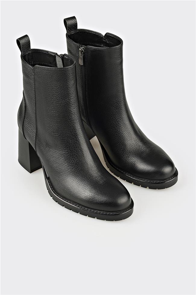 Siyah Deri Kadın Orta Topuk Bot
