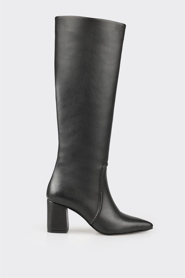 Siyah Deri Kadın Orta Topuk Çizme