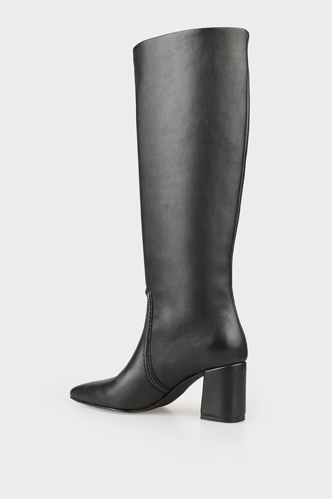 Siyah Deri Kadın Orta Topuk Çizme