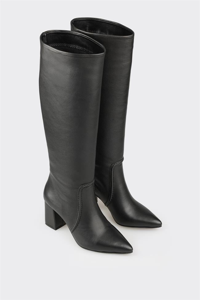 Siyah Deri Kadın Orta Topuk Çizme