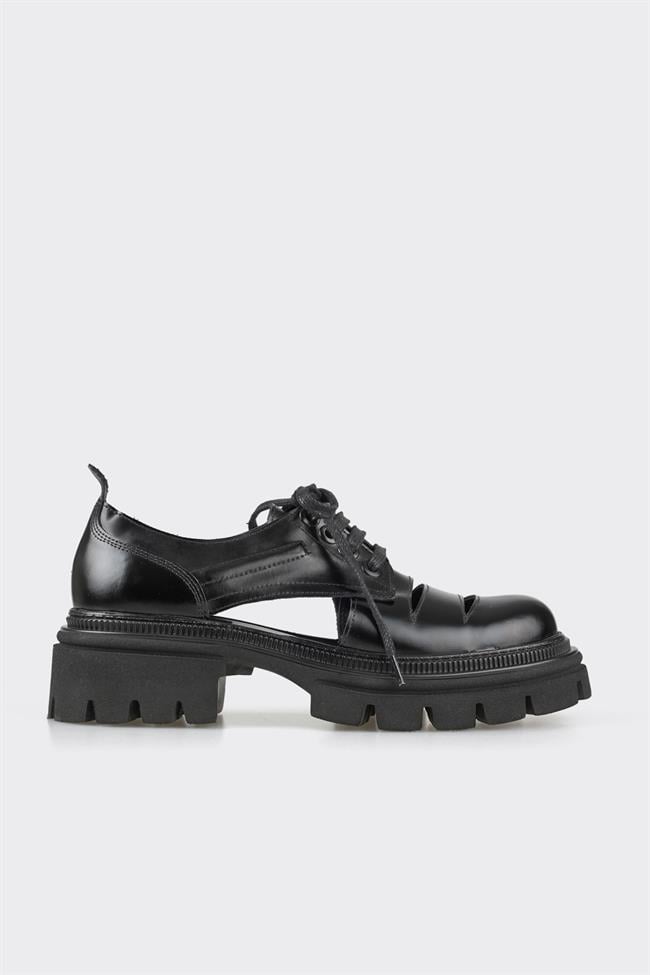 Siyah Deri Kadın Oxford