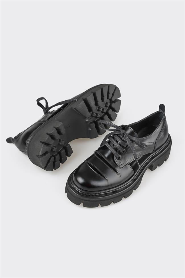 Siyah Deri Kadın Oxford