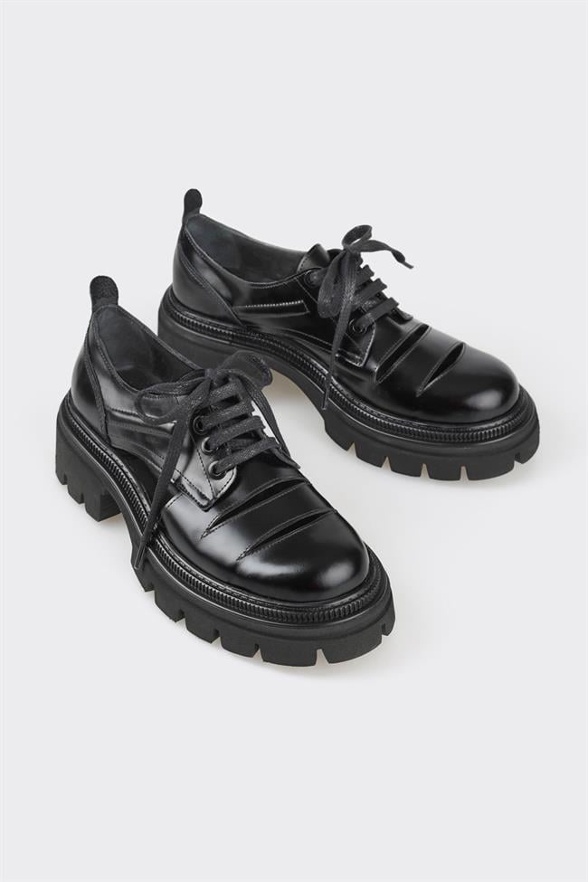 Siyah Deri Kadın Oxford