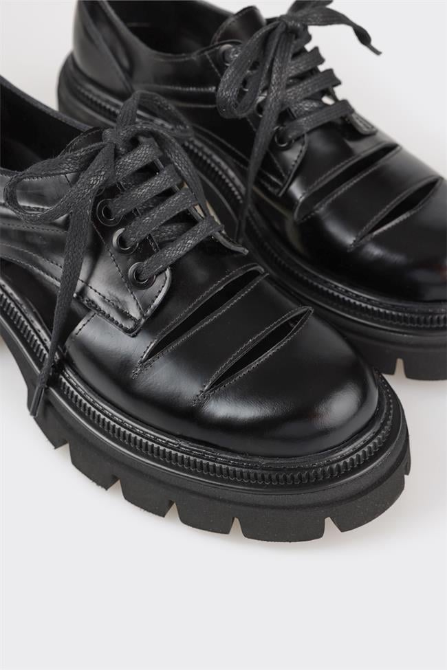 Siyah Deri Kadın Oxford