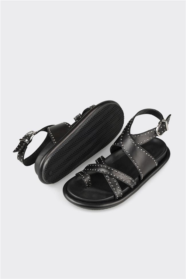 Siyah Deri Kadın Parmak Arası Sandalet