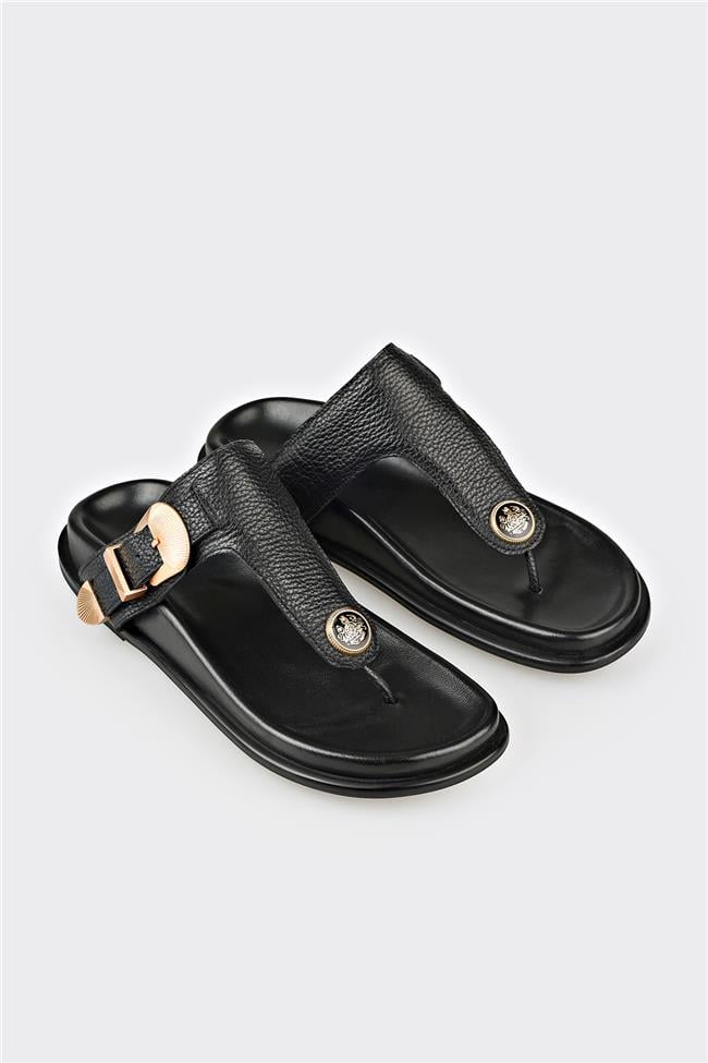 Siyah Deri Kadın Parmak Arası Terlik