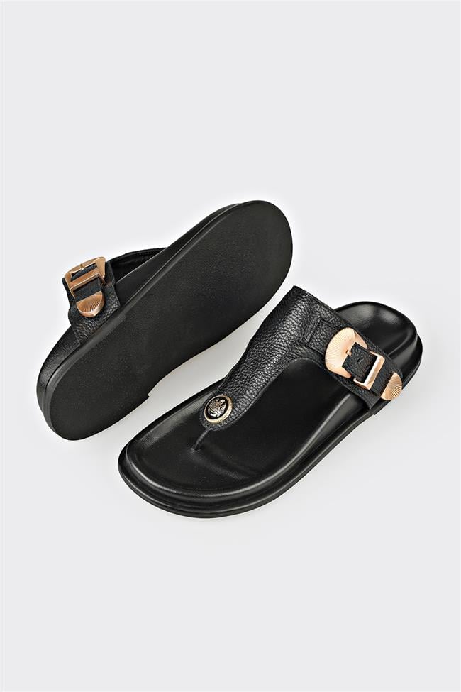 Siyah Deri Kadın Parmak Arası Terlik