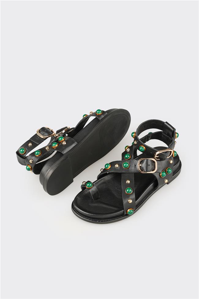 Siyah Deri Kadın Sandalet