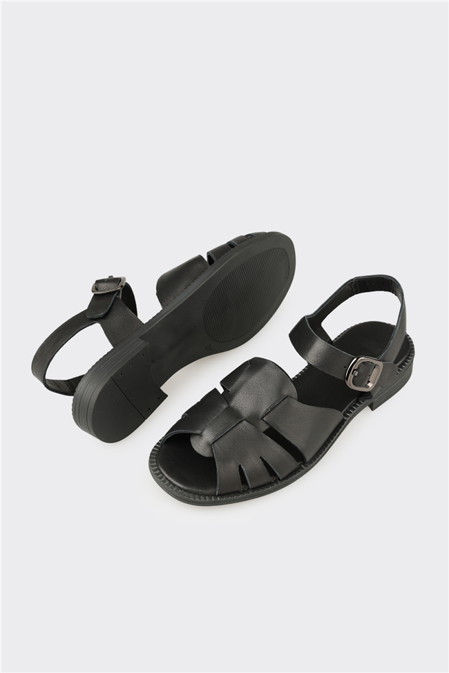 Siyah Deri Kadın Sandalet