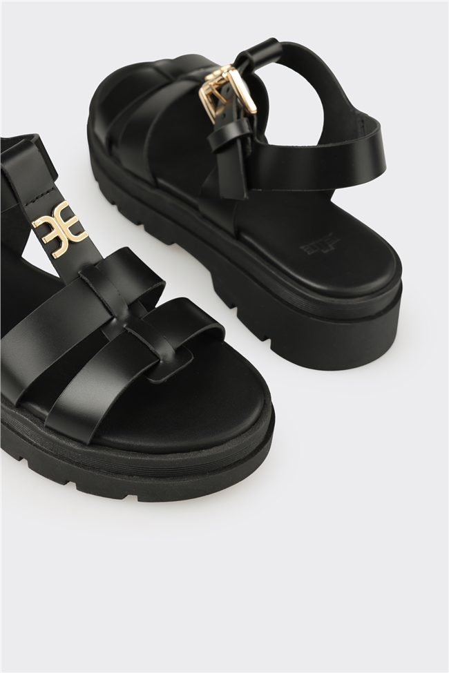 Siyah Deri Kadın Sandalet