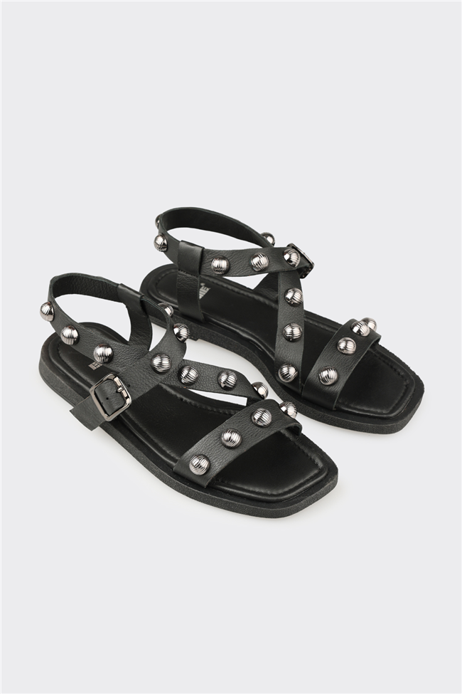 Siyah Deri Kadın Sandalet