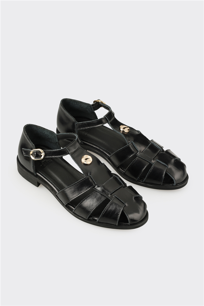 Siyah Deri Kadın Sandalet