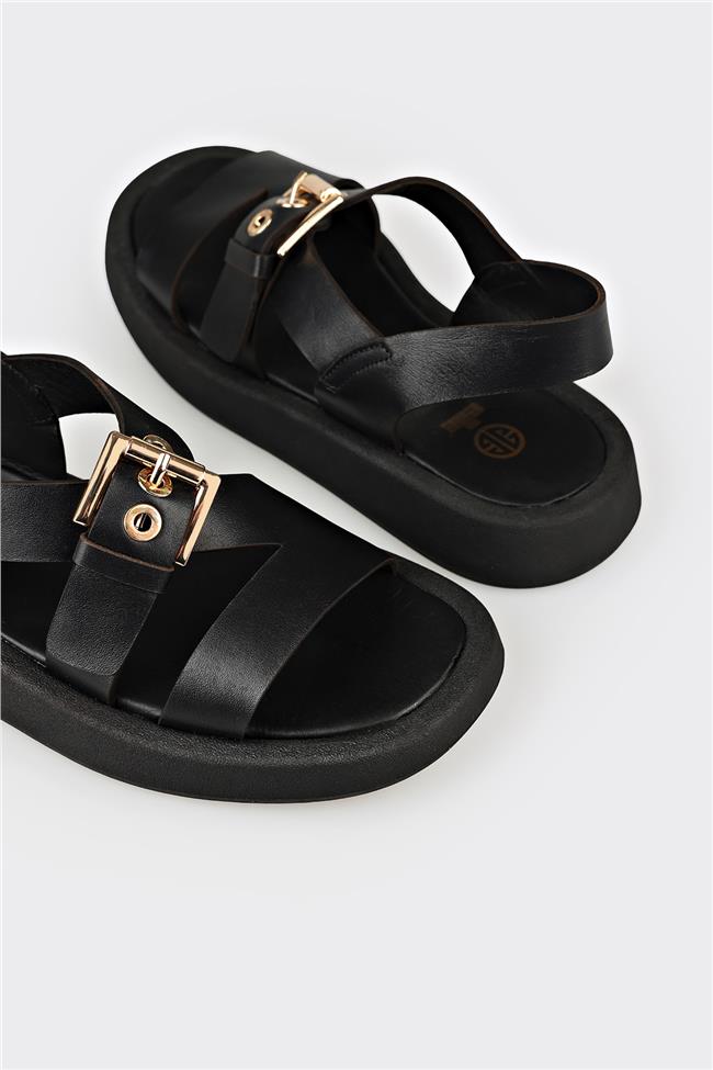 Siyah Deri Kadın Sandalet
