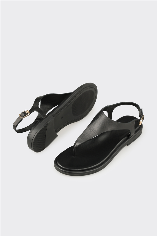 Siyah Deri Kadın Sandalet
