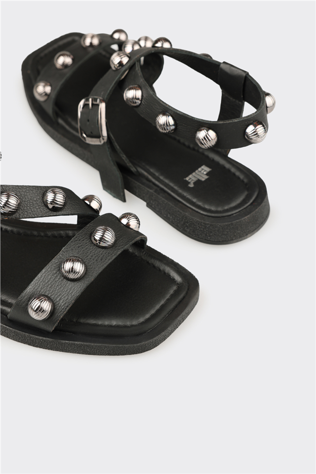 Siyah Deri Kadın Sandalet