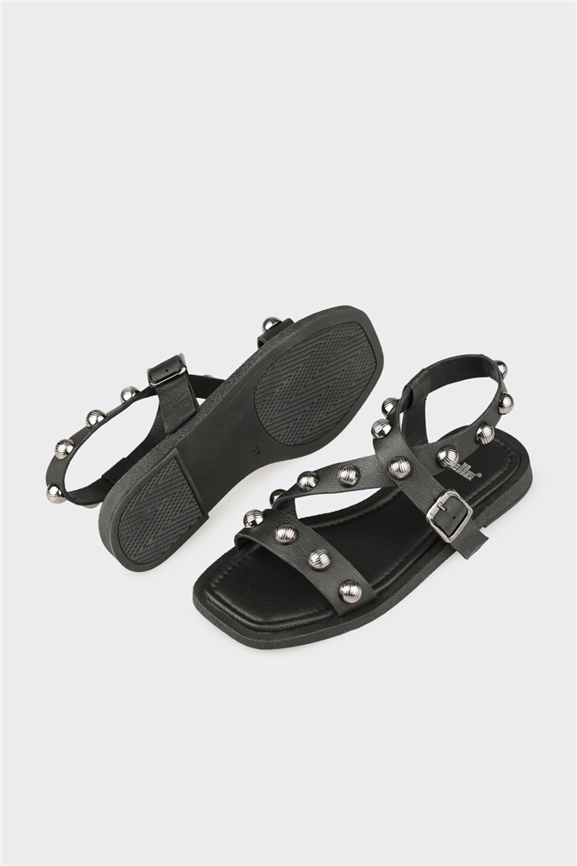 Siyah Deri Kadın Sandalet