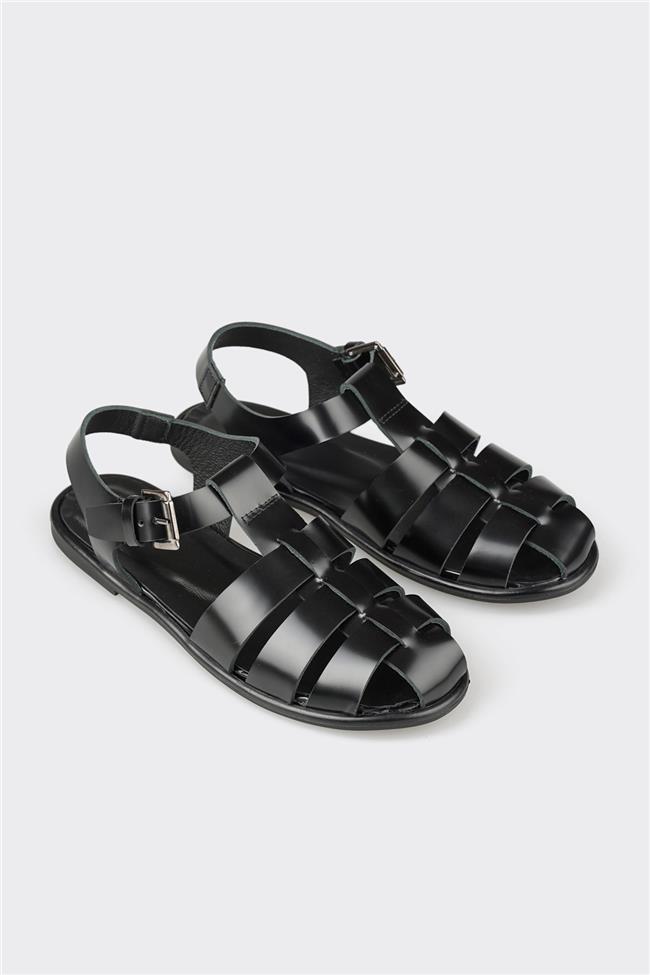 Siyah Deri Kadın Sandalet