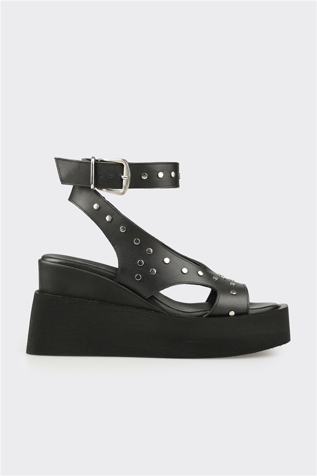 Siyah Deri Kadın Sandalet