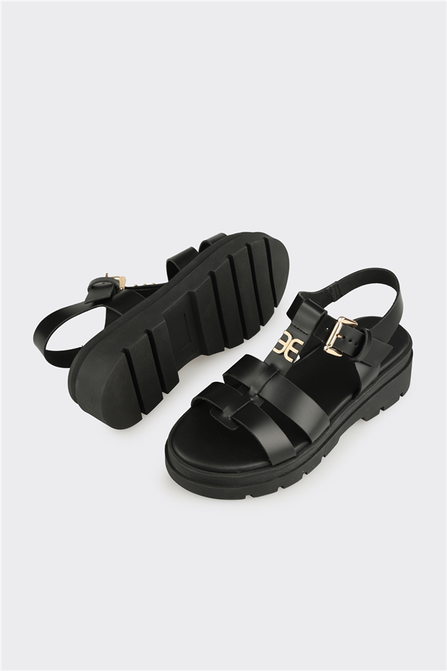 Siyah Deri Kadın Sandalet