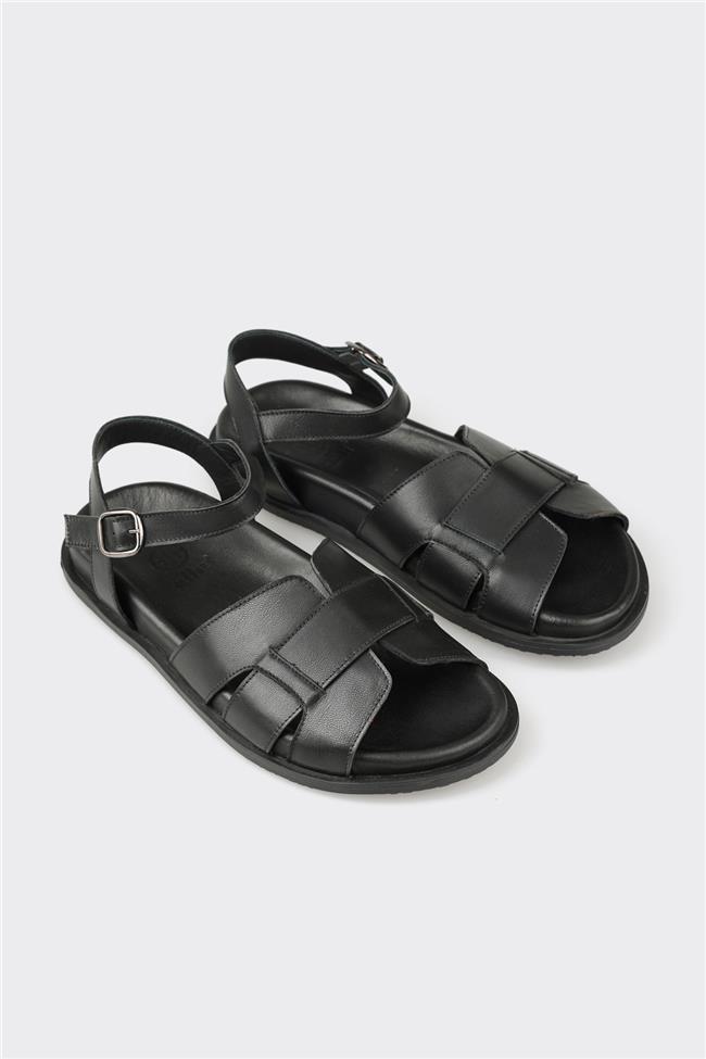 Siyah Deri Kadın Sandalet