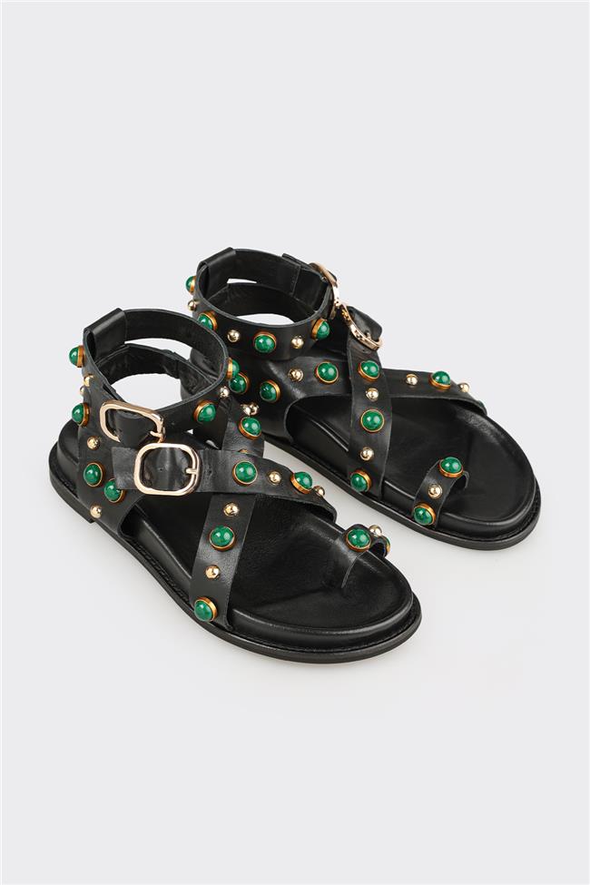 Siyah Deri Kadın Sandalet