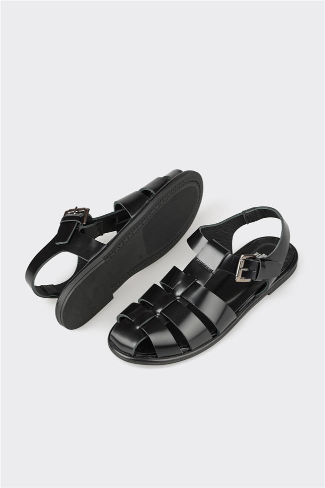 Siyah Deri Kadın Sandalet